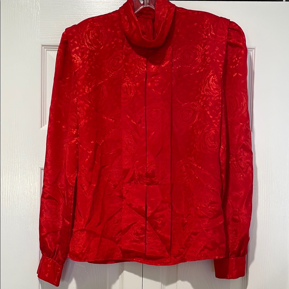 Vintage Dabney Red‎ Floral Blouse Size 10 Retro Business Professional Colorful